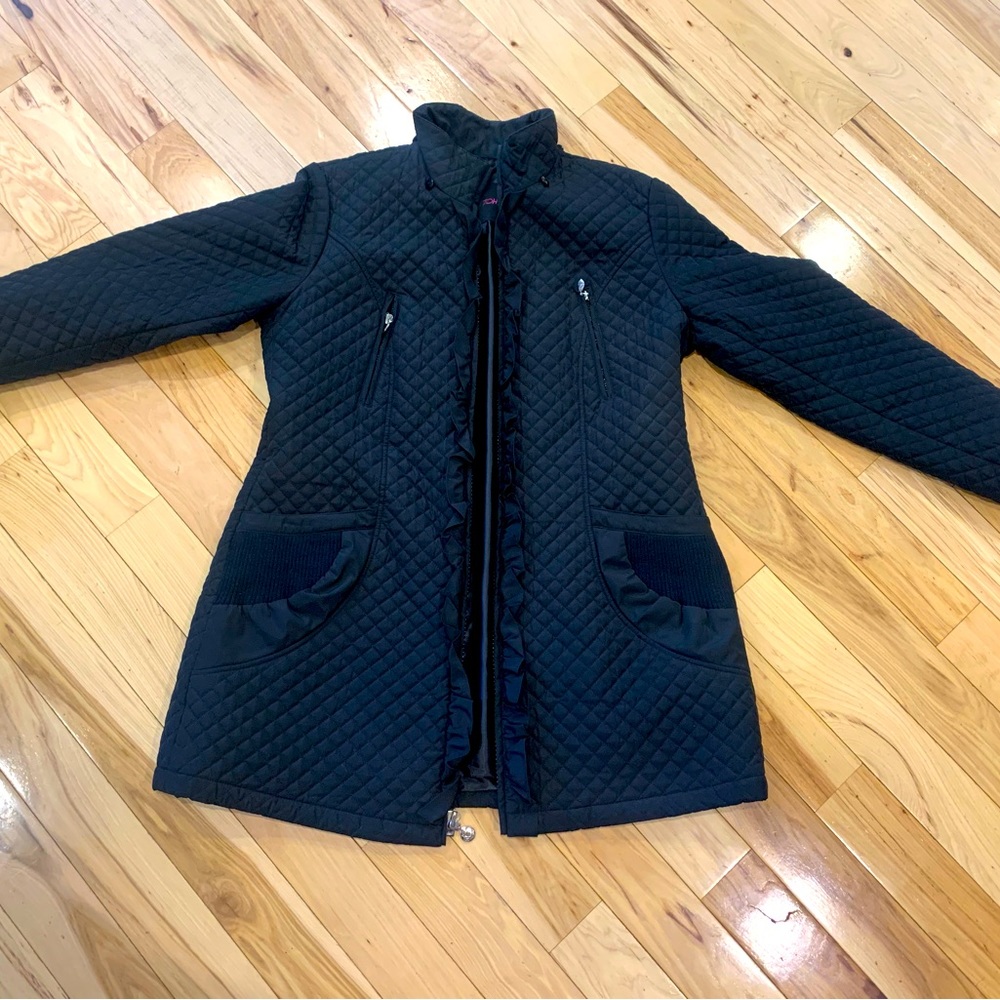 Betsey Johnson Sz XL Black Quilted Jacket Coat Ruffle Puffer Front Pockets